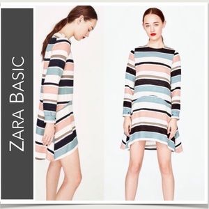 Zara Basic Long Sleeve Striped Flounce Dress Cream, Mauve, Muted Blue